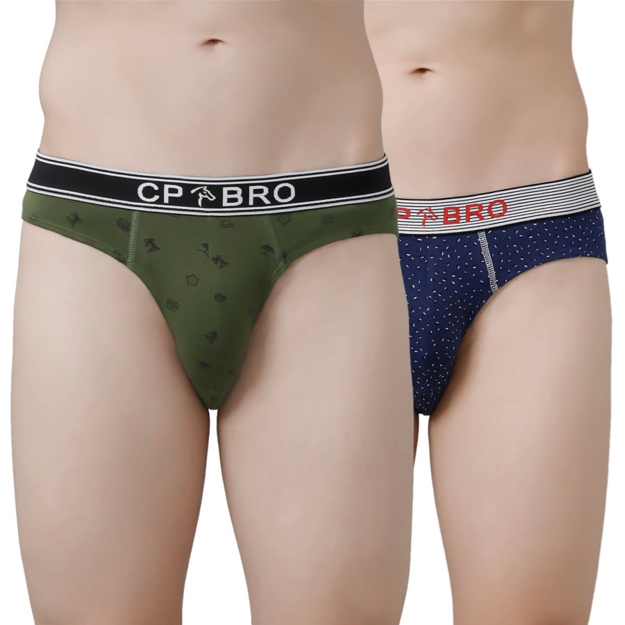 Innerwear CP BRO | Cp Bro Men'S Printed Briefs With Exposed Waistband Value Pack - Olive Green & Navy Dot (Pack Of 2)