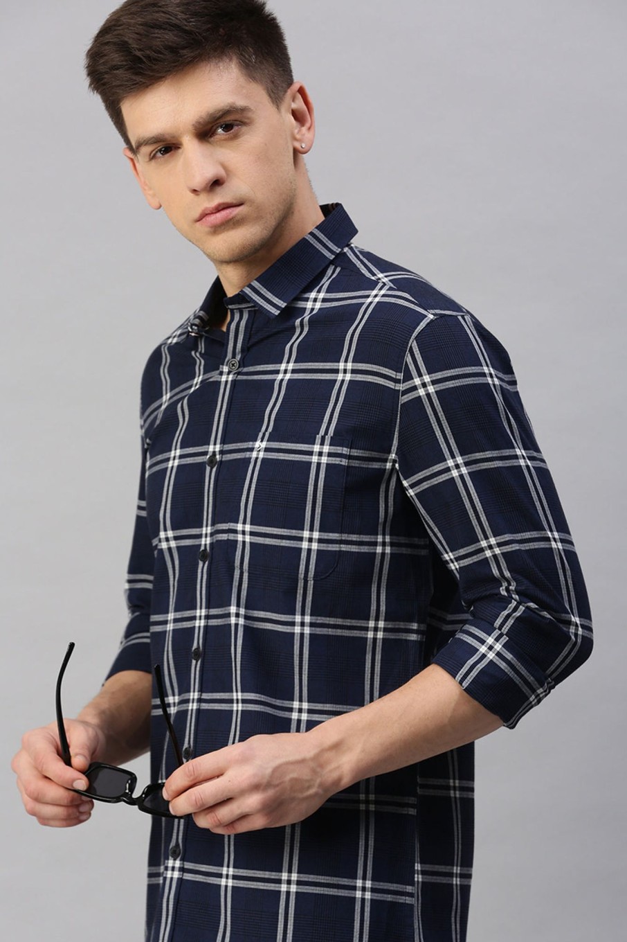 Shirts Classic Polo | Classic Polo Men'S Cotton Full Sleeve Checked Slim Fit Polo Neck Navy Color Woven Shirt | So1-117 A