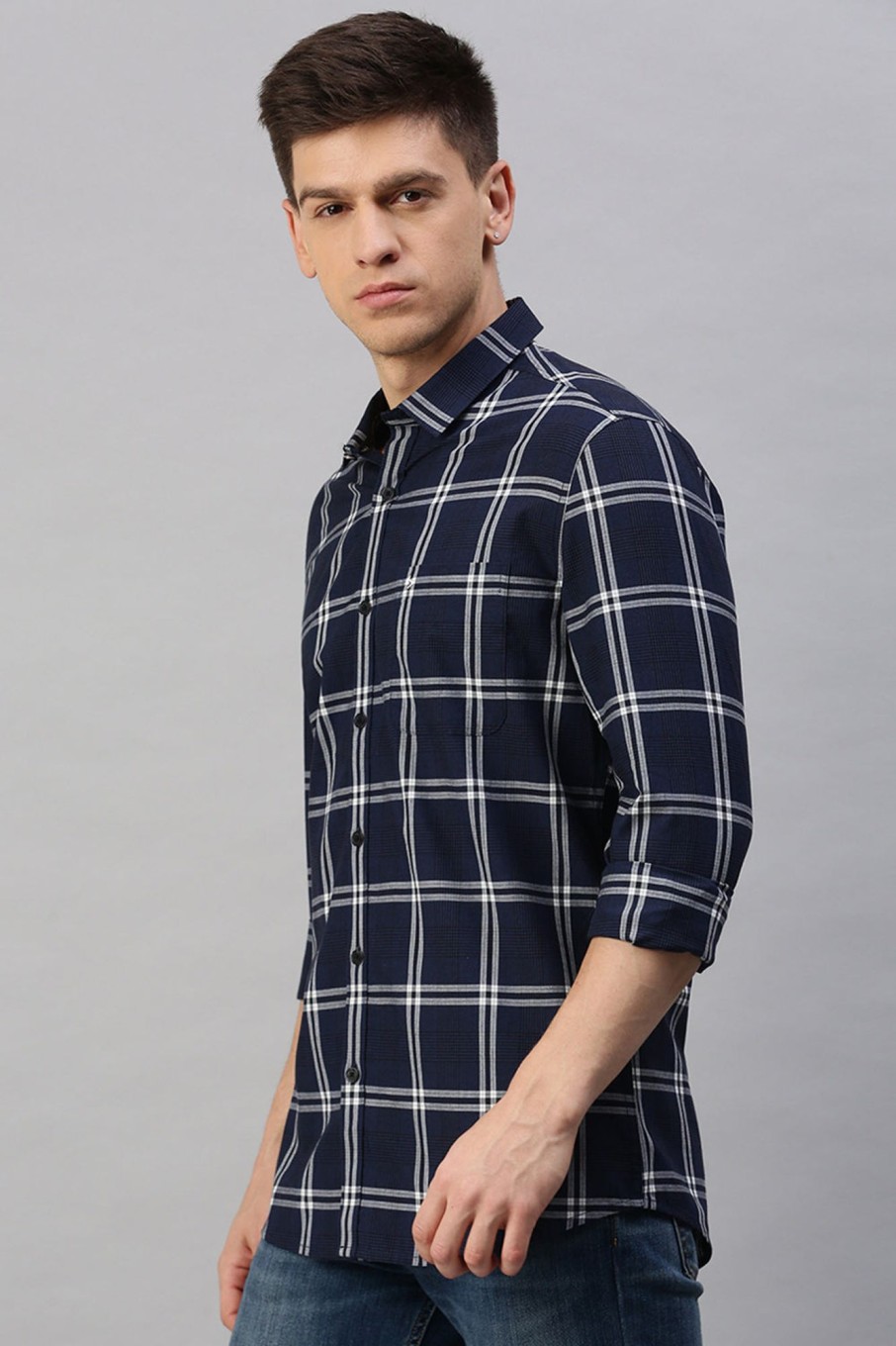 Shirts Classic Polo | Classic Polo Men'S Cotton Full Sleeve Checked Slim Fit Polo Neck Navy Color Woven Shirt | So1-117 A