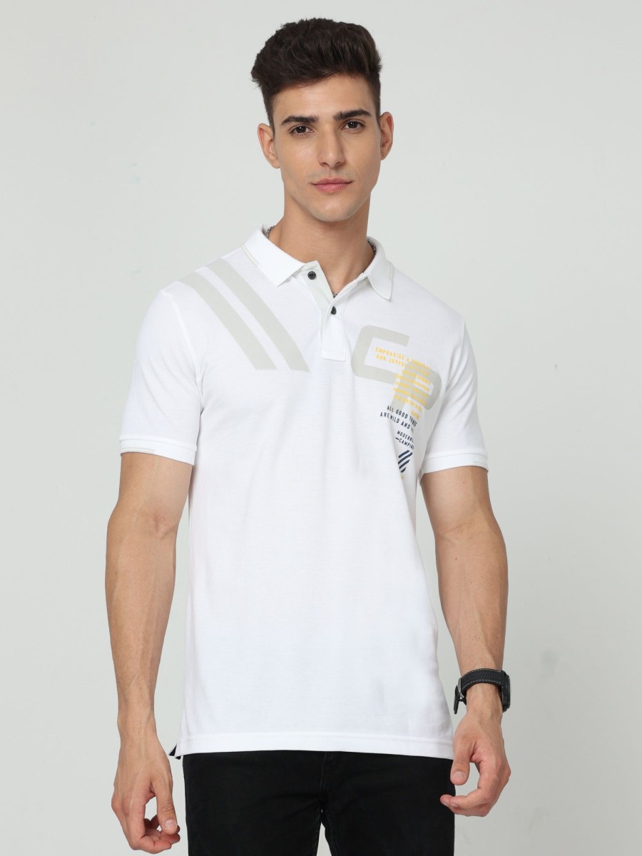 T-Shirts Classic Polo | Classic Polo Mens Pure Cotton Half Sleeve Printed Slim Fit Polo Neck White Color T Shirt | Vivid Polo - 02 A