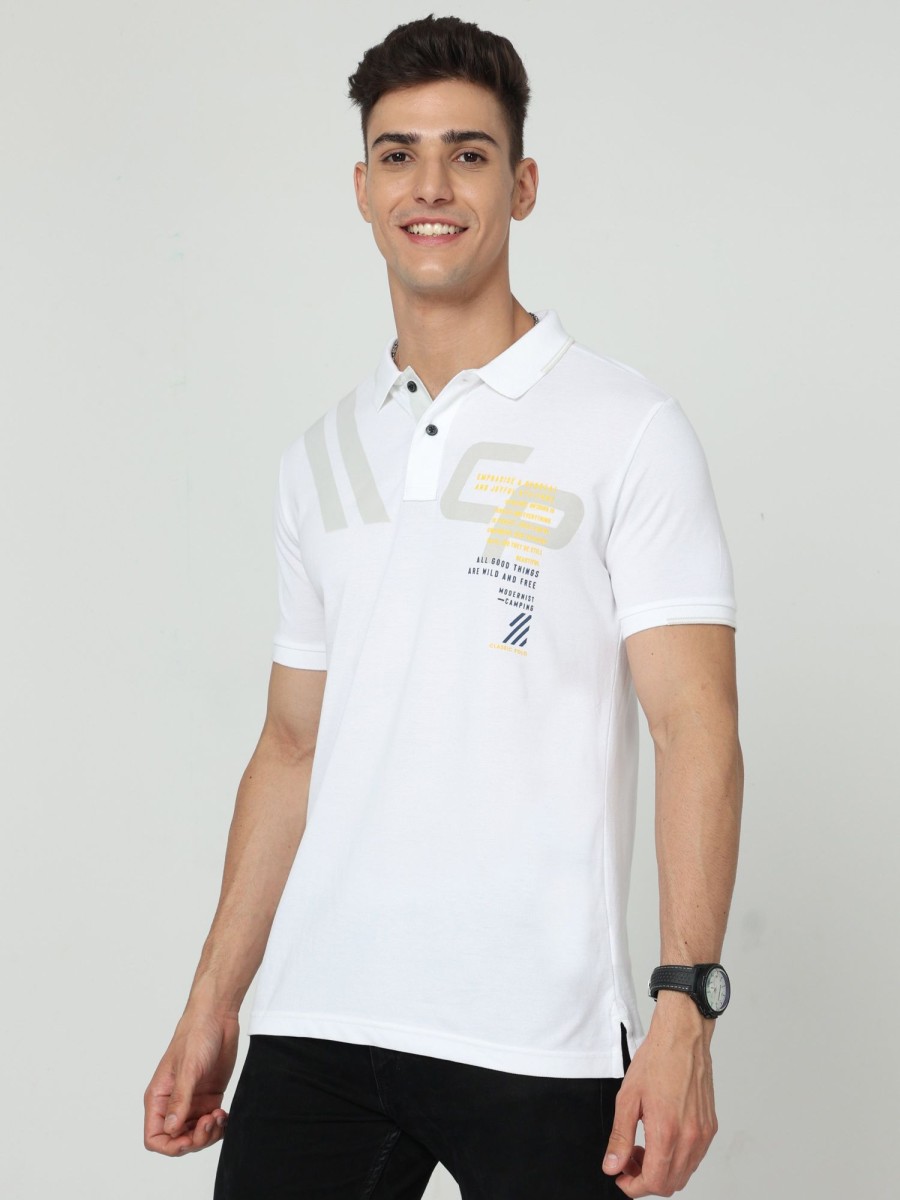 T-Shirts Classic Polo | Classic Polo Mens Pure Cotton Half Sleeve Printed Slim Fit Polo Neck White Color T Shirt | Vivid Polo - 02 A