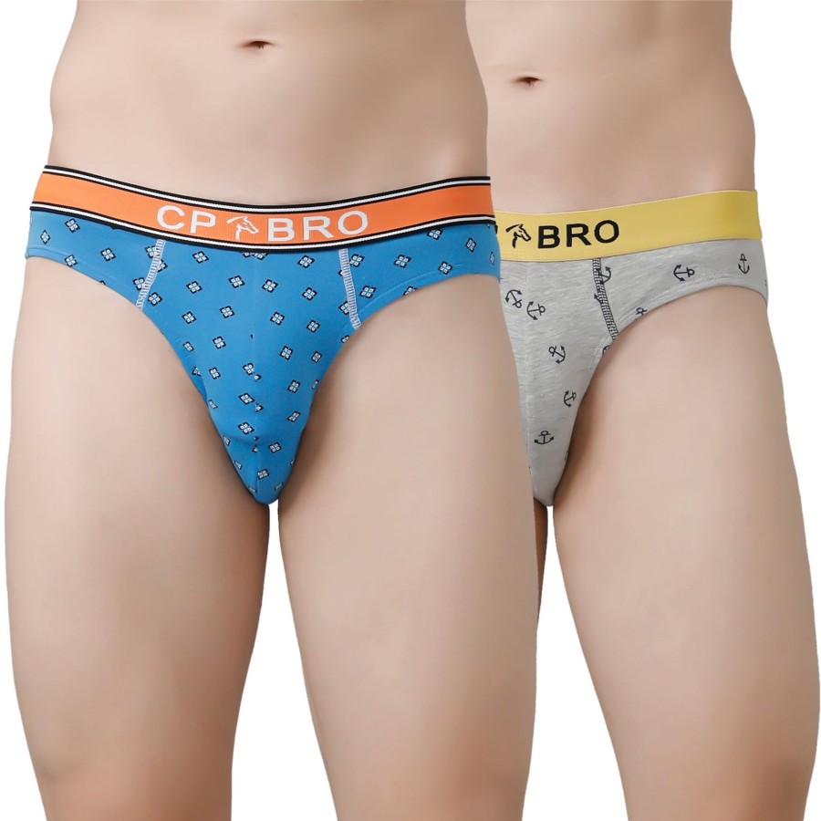 Innerwear CP BRO | Cp Bro Men'S Printed Briefs With Exposed Waistband Value Pack - Blue & Grey Anchor (Pack Of 2)