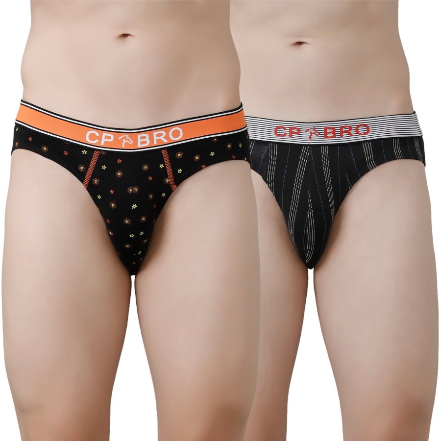 Innerwear CP BRO | Cp Bro Men'S Printed Briefs With Exposed Waistband Value Pack - Black Dot & Black Stripe (Pack Of 2)