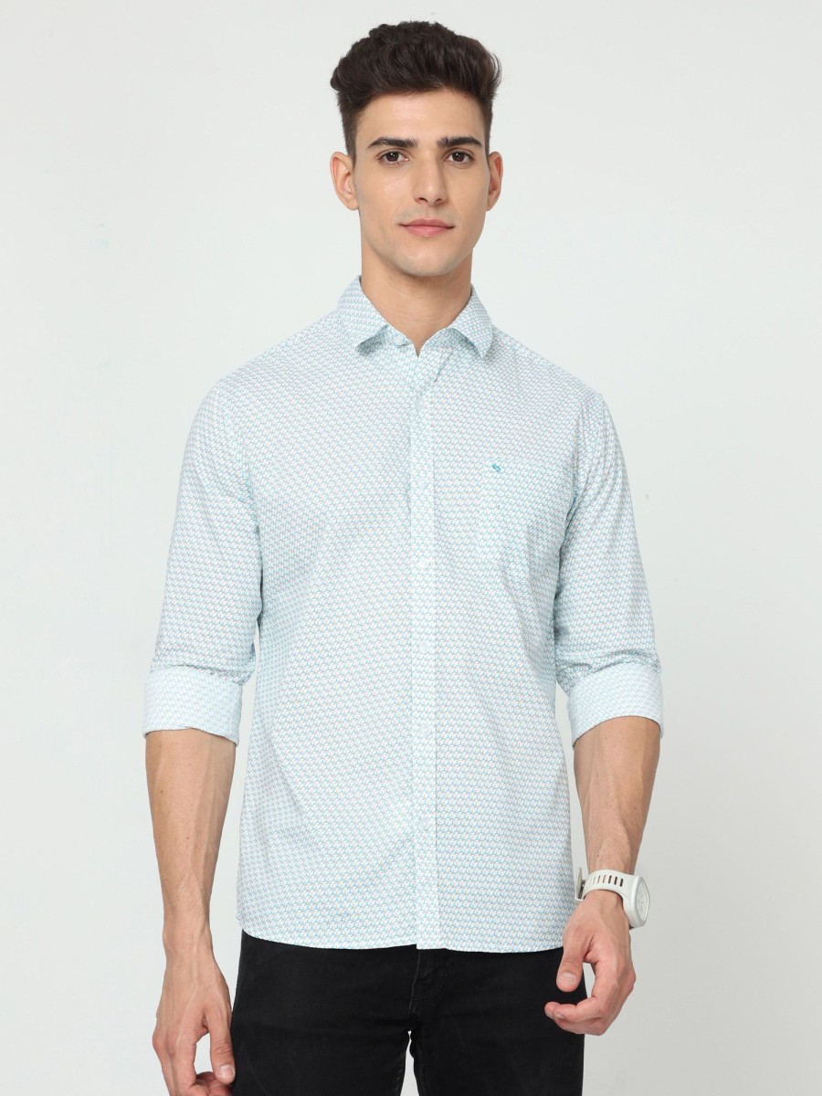 Shirts Classic Polo | Classic Polo Men'S Cotton Full Sleeve Printed Slim Fit Polo Neck Light Blue Color Woven Shirt | So1-147 B