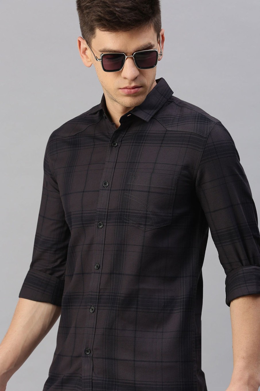 Shirts CP BRO | Cp Bro Men'S Cotton Full Sleeve Checked Slim Fit Polo Neck Brown Color Woven Shirt | Sbo1-44 A