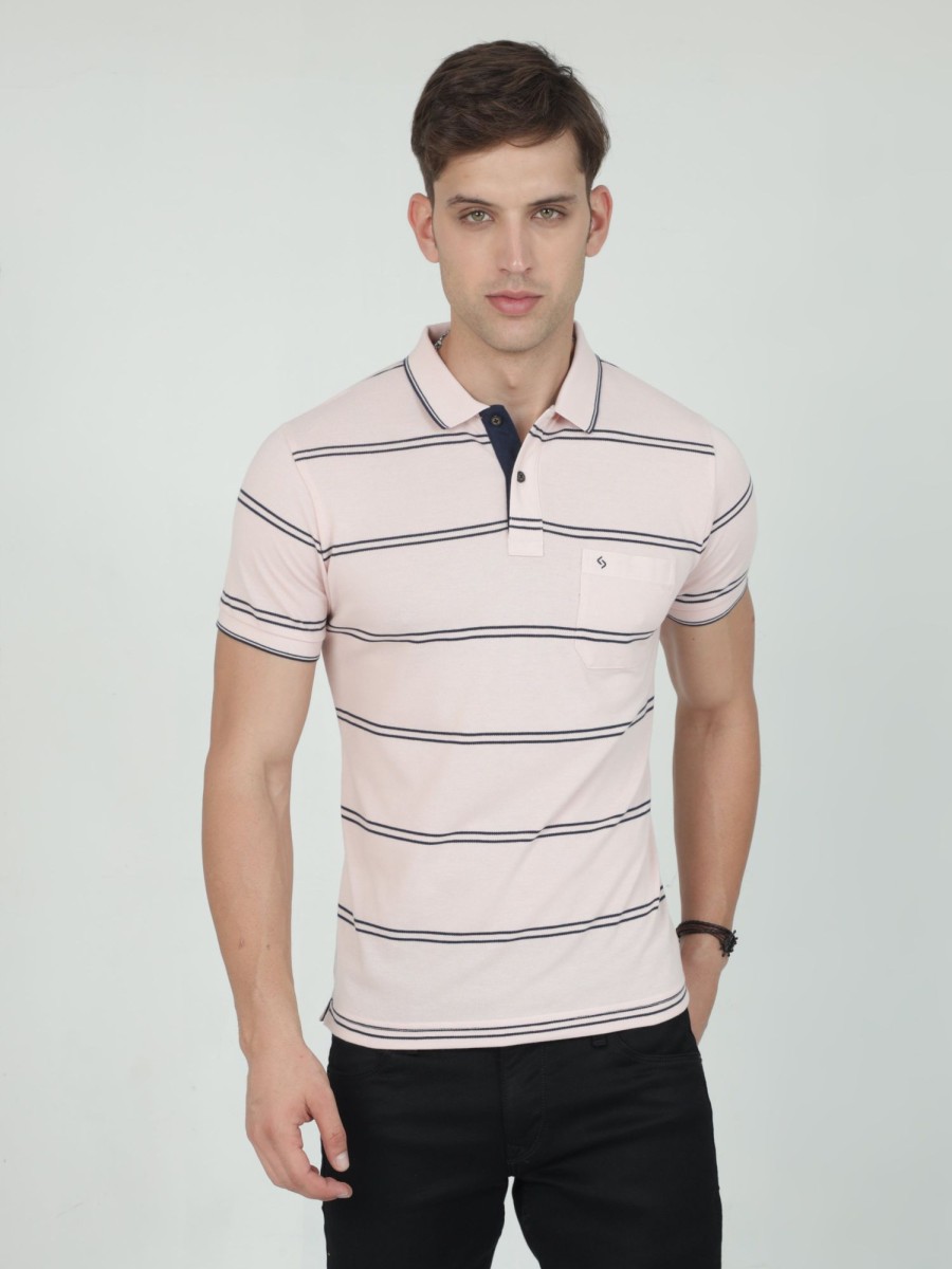 T-Shirts Classic Polo | Classic Polo Mens Casual Lt.Peach Striped Cotton T-Shirt | F-Adore - 101 A Sf P