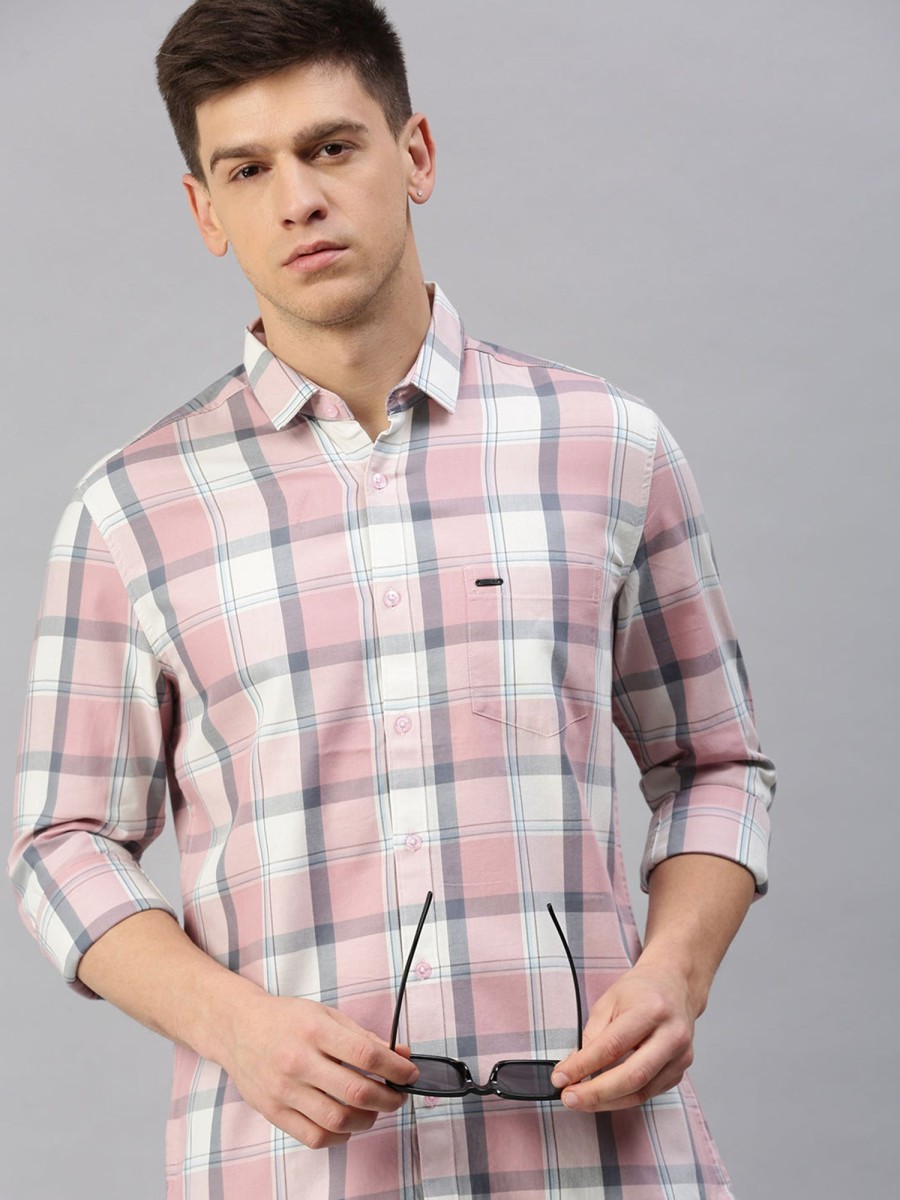 Shirts Classic Polo | Classic Polo Men'S Cotton Full Sleeve Checked Slim Fit Polo Neck Pink Color Woven Shirt | So1-98 A