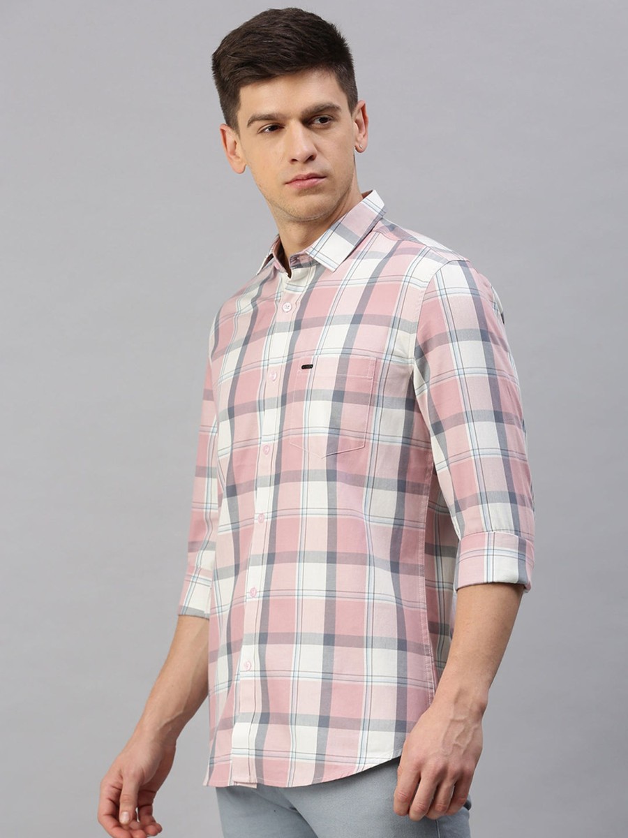 Shirts Classic Polo | Classic Polo Men'S Cotton Full Sleeve Checked Slim Fit Polo Neck Pink Color Woven Shirt | So1-98 A