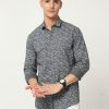 Shirts Classic Polo | Classic Polo Mens Cotton Full Sleeve Printed Slim Fit Polo Neck Grey Color Woven Shirt | So1-148 B-Fs-Prt