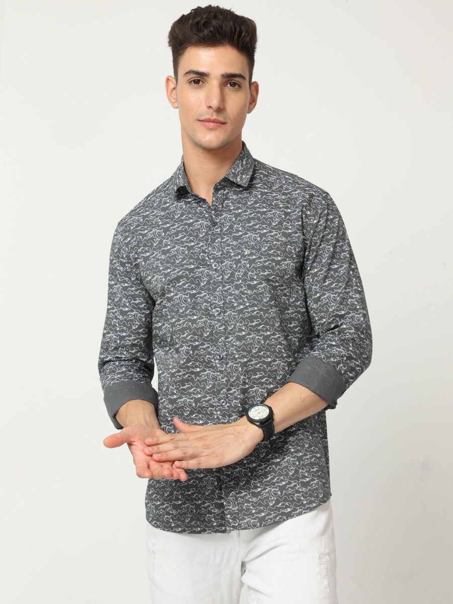 Shirts Classic Polo | Classic Polo Mens Cotton Full Sleeve Printed Slim Fit Polo Neck Grey Color Woven Shirt | So1-148 B-Fs-Prt