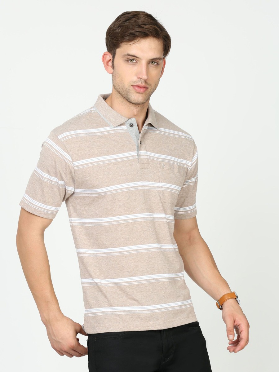 T-Shirts Classic Polo | Classic Polo Mens Cotton Half Sleeves Striped Authentic Fit Polo Neck Cream Color T-Shirt | Mel - 238 A Af P