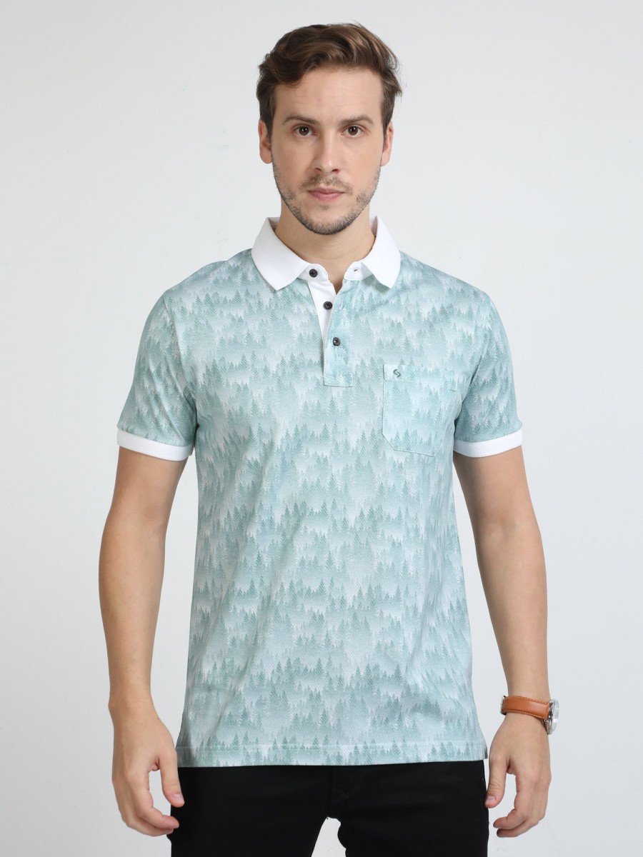 T-Shirts Classic Polo | Classic Polo Mens Cotton Half Sleeves Floral Slim Fit Polo Neck Aqua Blue Color T-Shirt | Scant - 31 B Sf P