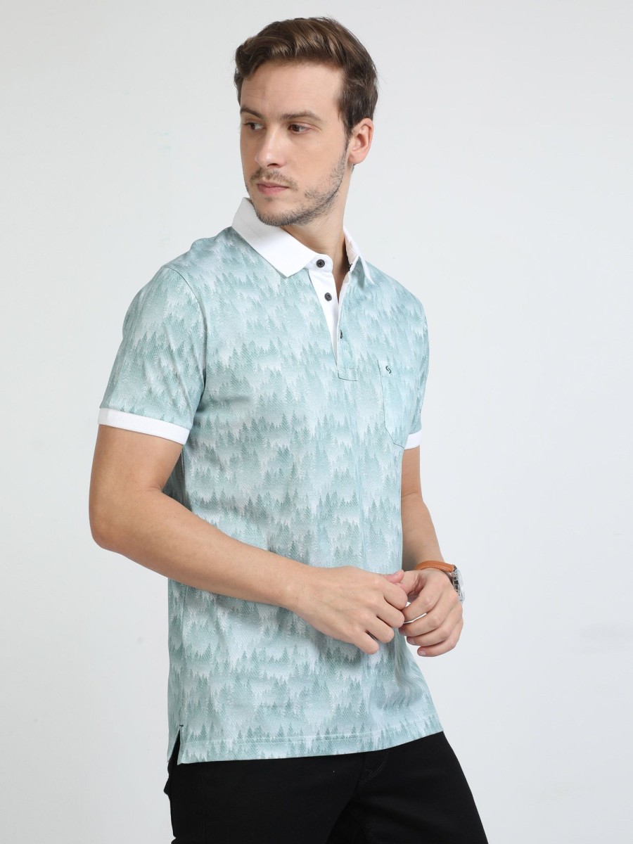 T-Shirts Classic Polo | Classic Polo Mens Cotton Half Sleeves Floral Slim Fit Polo Neck Aqua Blue Color T-Shirt | Scant - 31 B Sf P