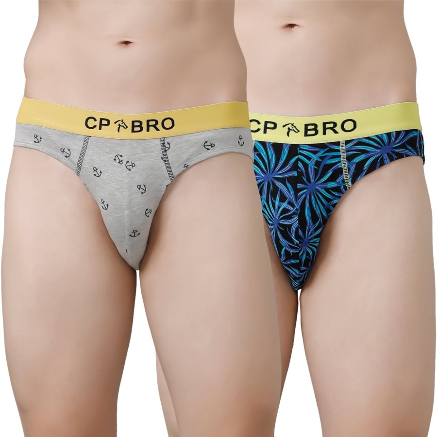 Innerwear CP BRO | Cp Bro Men'S Printed Briefs With Exposed Waistband Value Pack - Grey Anchor & Blue Leaf (Pack Of 2)