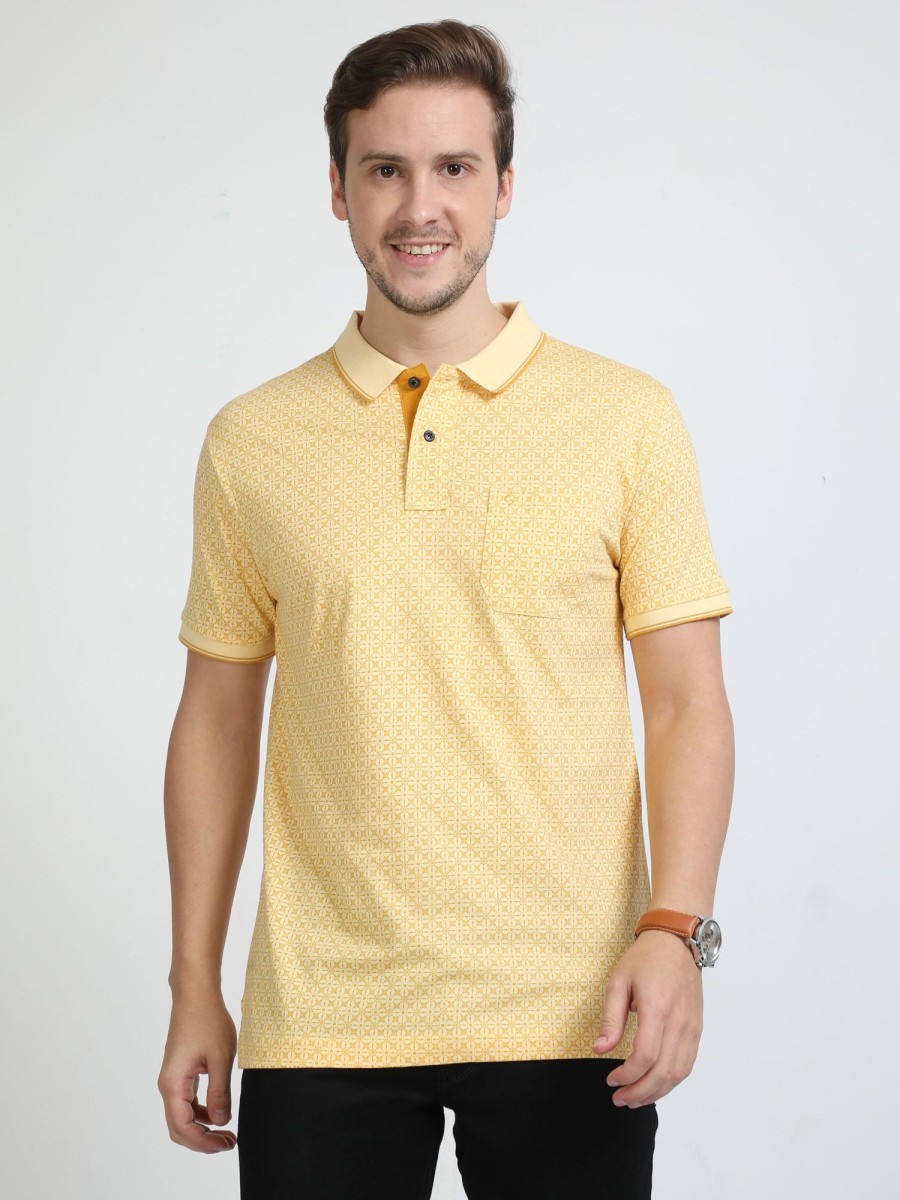 T-Shirts Classic Polo | Classic Polo Mens Pure Cotton Half Sleeves Printed Slim Fit Polo Neck Yellow Color T-Shirt | Bello - 219 A Sf P