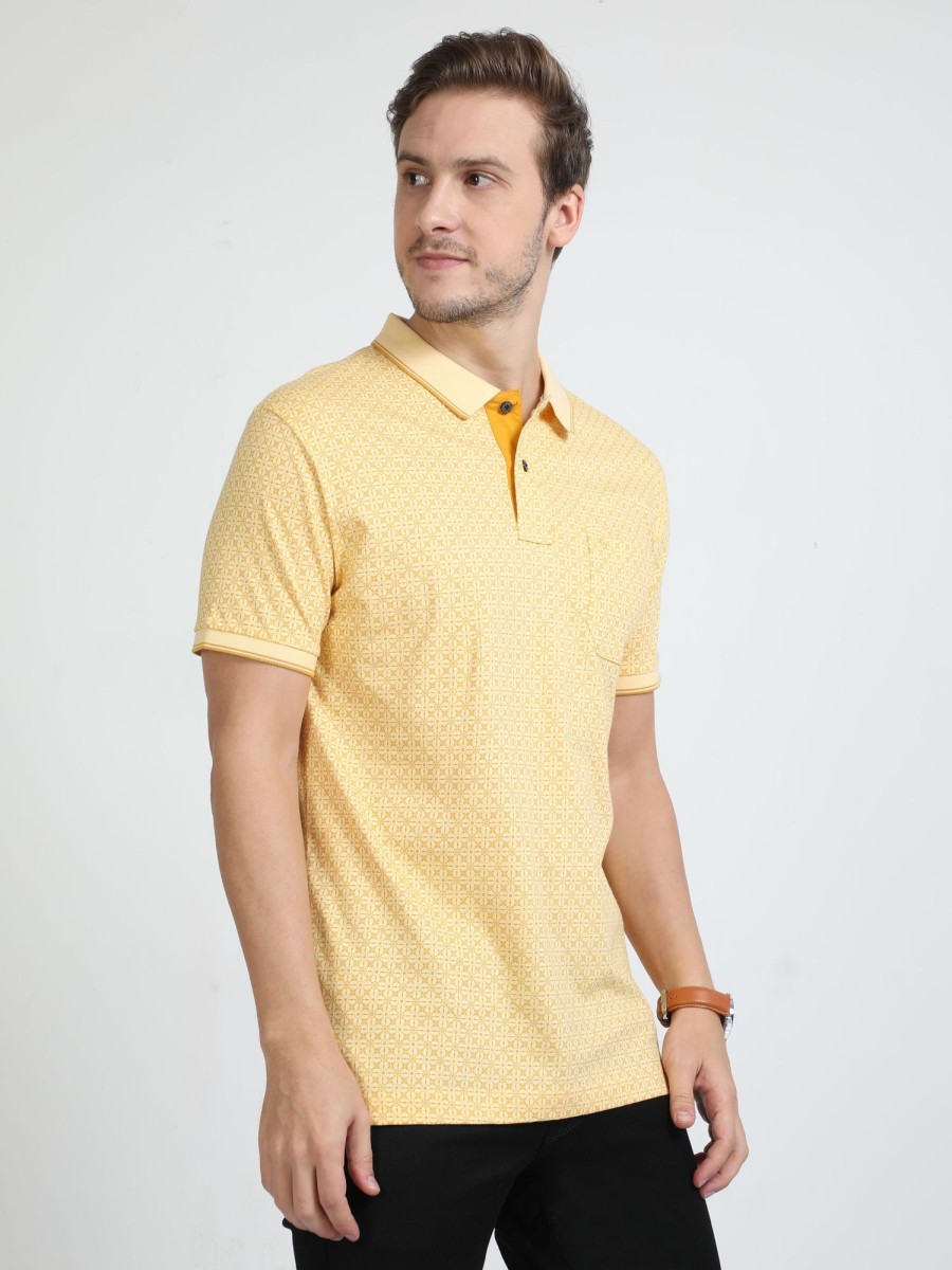 T-Shirts Classic Polo | Classic Polo Mens Pure Cotton Half Sleeves Printed Slim Fit Polo Neck Yellow Color T-Shirt | Bello - 219 A Sf P