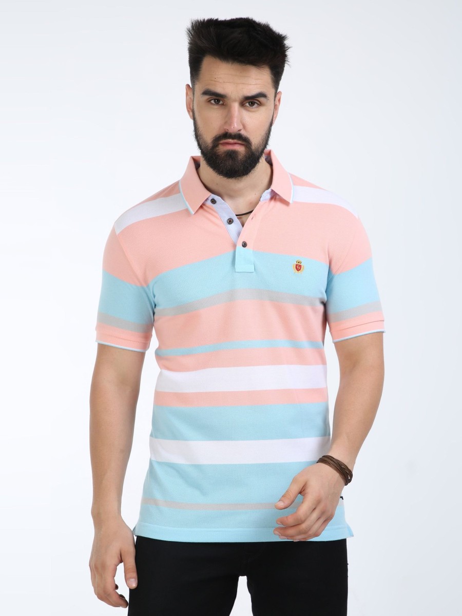 T-Shirts Classic Polo | Classic Polo Mens Cotton Half Sleeves Striped Slim Fit Polo Neck Peach Color T-Shirt | Vta - 242 B Sf P