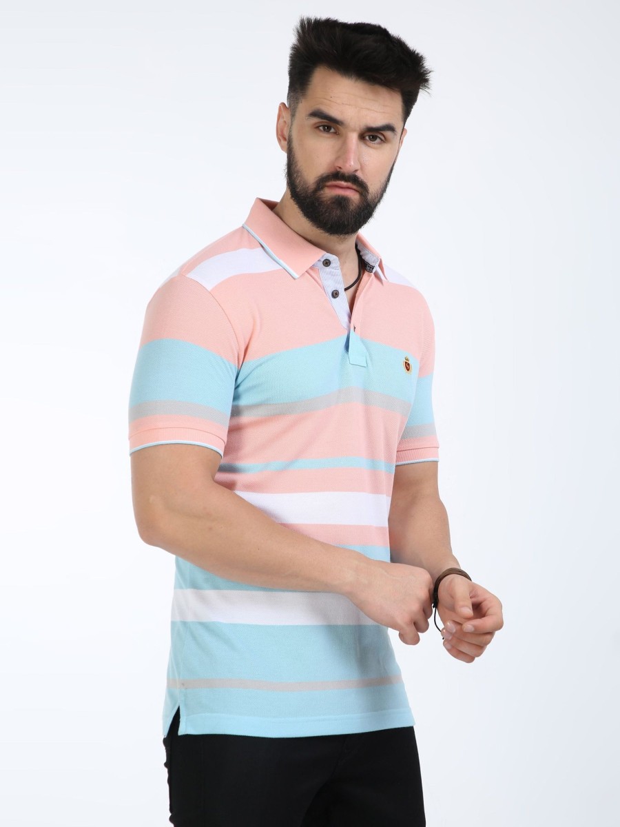 T-Shirts Classic Polo | Classic Polo Mens Cotton Half Sleeves Striped Slim Fit Polo Neck Peach Color T-Shirt | Vta - 242 B Sf P