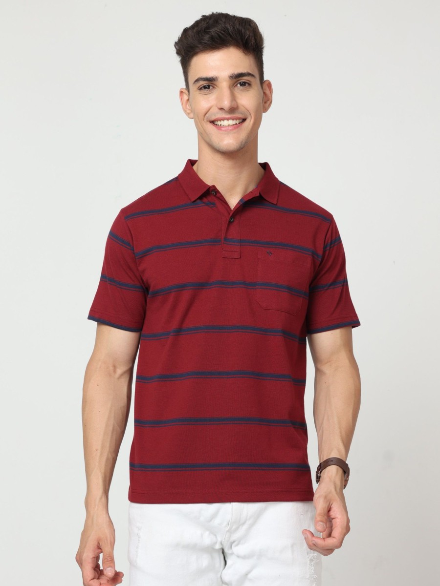 T-Shirts Classic Polo | Classic Polo Mens Pure Cotton Half Sleeve Striped Regular Fit Polo Neck Maroon Color T Shirt | F-Avon - 109 A