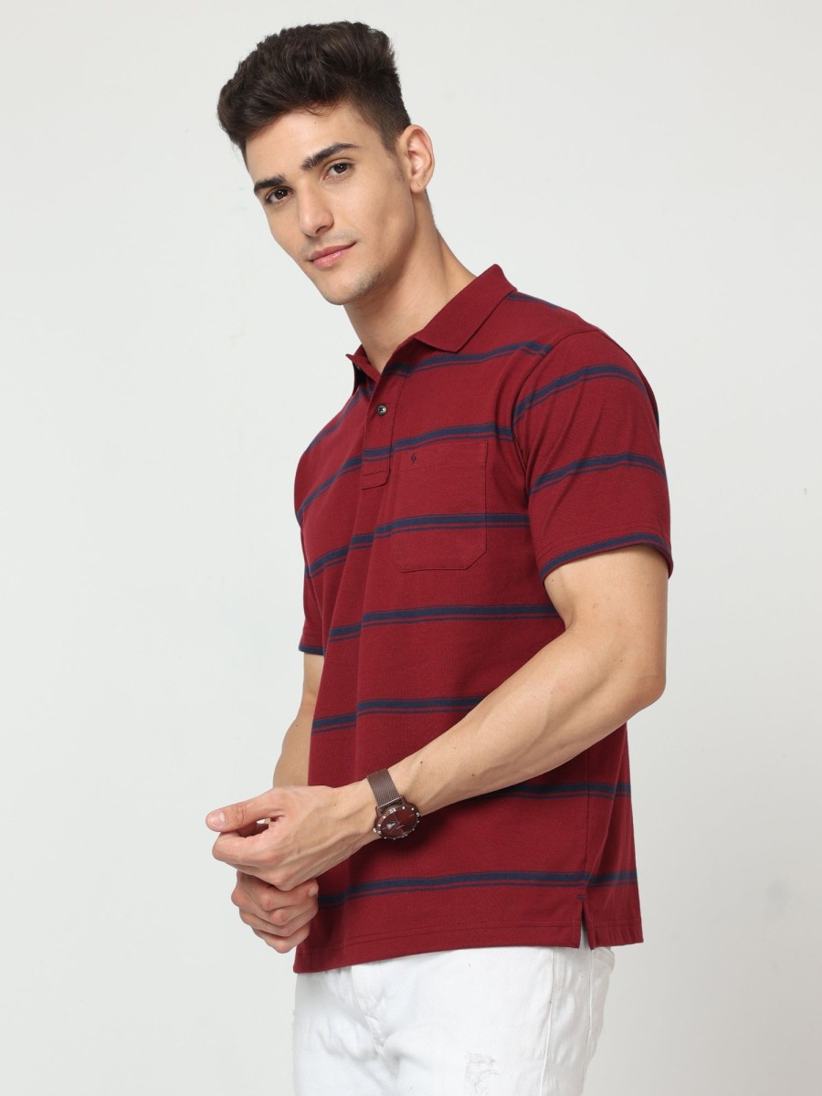 T-Shirts Classic Polo | Classic Polo Mens Pure Cotton Half Sleeve Striped Regular Fit Polo Neck Maroon Color T Shirt | F-Avon - 109 A