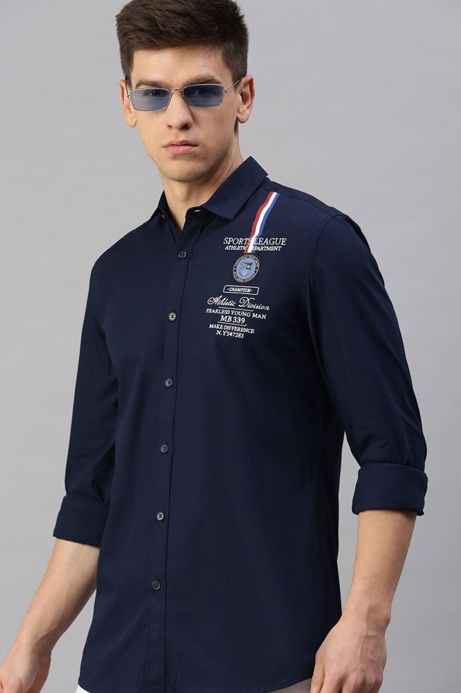 Shirts CP BRO | Cp Bro Men'S Cotton Full Sleeve Solid Slim Fit Polo Neck Navy Color Woven Shirt | Sbo1-58 B