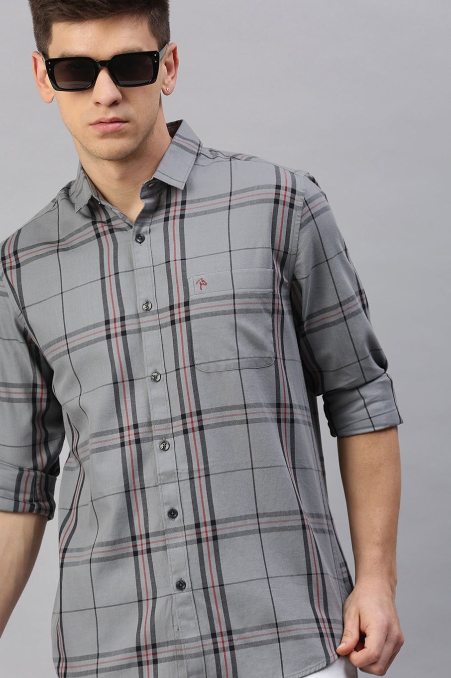 Shirts CP BRO | Cp Bro Men'S Cotton Full Sleeve Checked Slim Fit Polo Neck Grey Color Woven Shirt | Sbo1-46 A