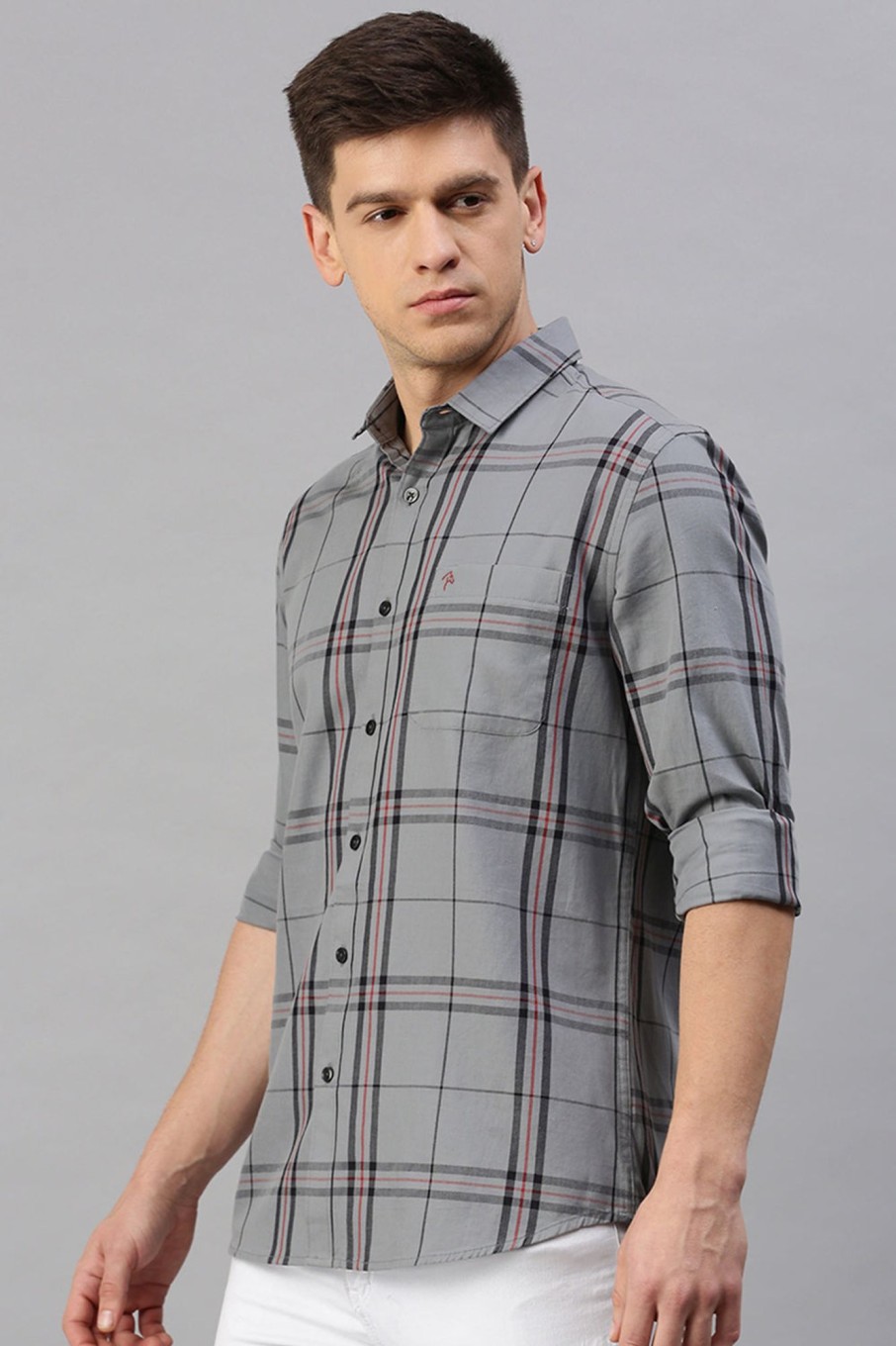 Shirts CP BRO | Cp Bro Men'S Cotton Full Sleeve Checked Slim Fit Polo Neck Grey Color Woven Shirt | Sbo1-46 A