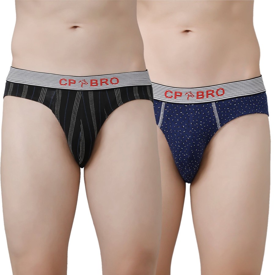 Innerwear CP BRO | Cp Bro Men'S Printed Briefs With Exposed Waistband Value Pack - Black Stripe & Navy Dot (Pack Of 2)