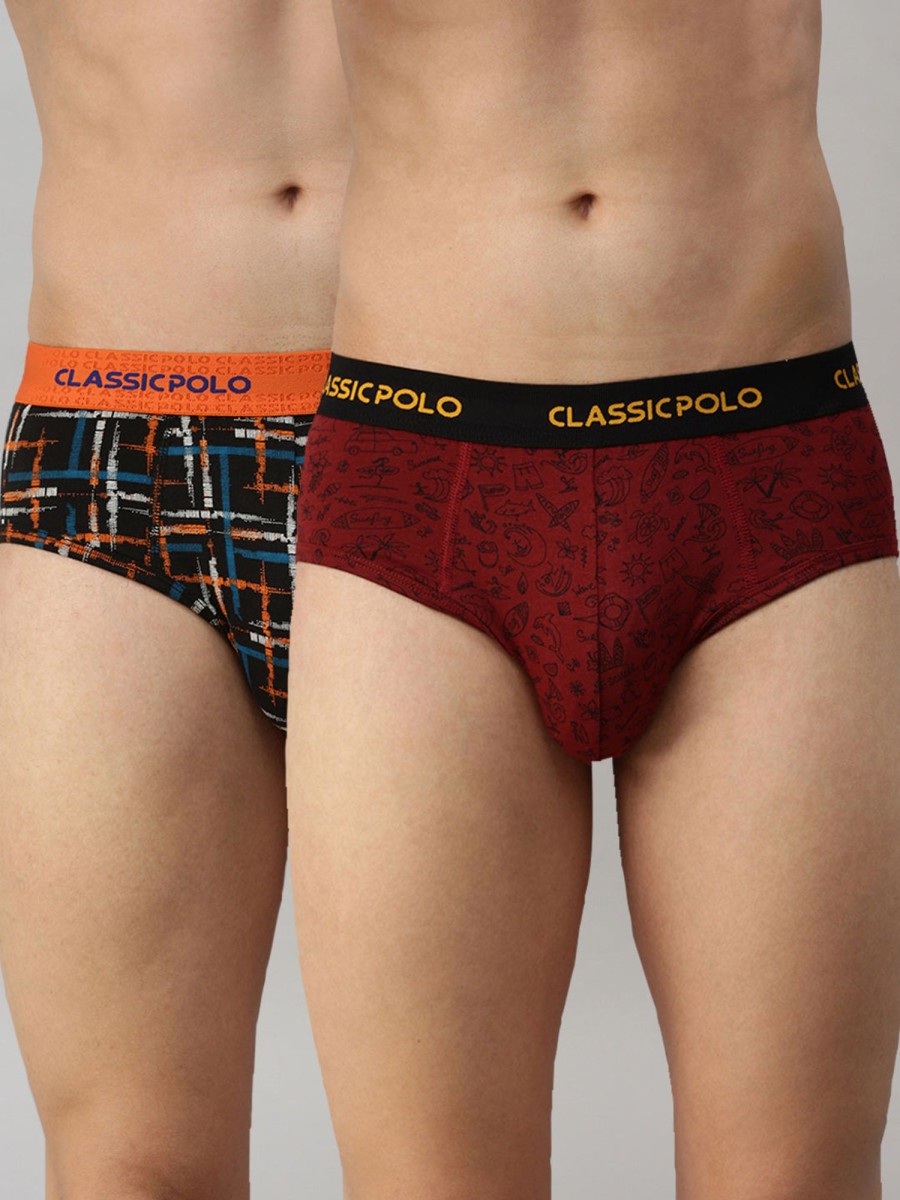 Innerwear Classic Polo | Classic Polo Men'S Modal Printed Briefs | Scarce - Black & Red (Pack Of 2)