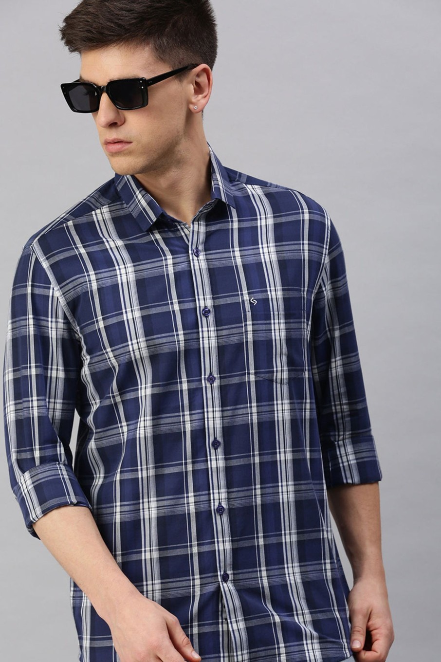 Shirts Classic Polo | Classic Polo Men'S Cotton Full Sleeve Checked Slim Fit Polo Neck Navy Color Woven Shirt | So1-134 A