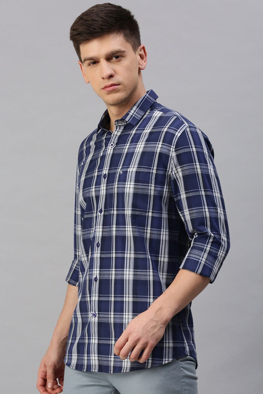 Shirts Classic Polo | Classic Polo Men'S Cotton Full Sleeve Checked Slim Fit Polo Neck Navy Color Woven Shirt | So1-134 A