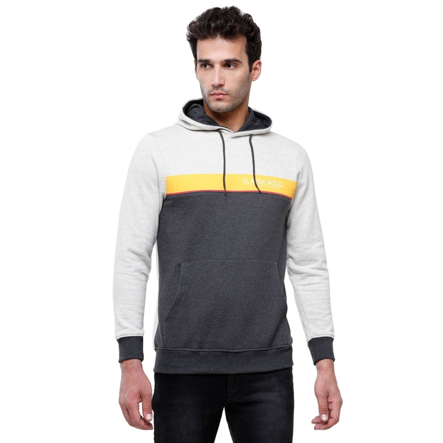 T-Shirts Classic Polo | Classic Polo Men'S Grey Color Block Full Sleeve Hoodie Sweat Shirt - Cpss - 334B