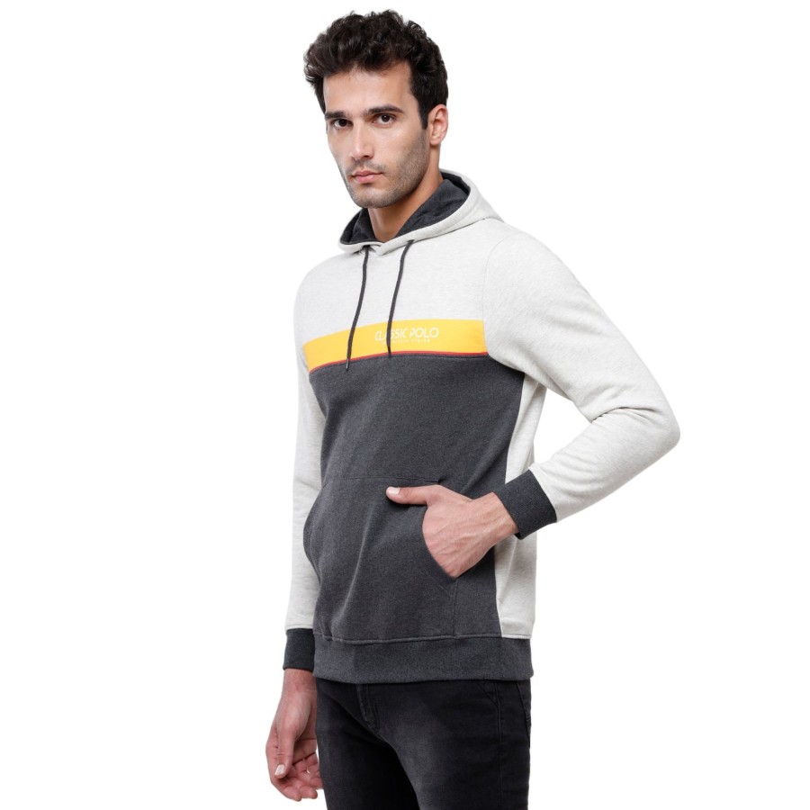 T-Shirts Classic Polo | Classic Polo Men'S Grey Color Block Full Sleeve Hoodie Sweat Shirt - Cpss - 334B