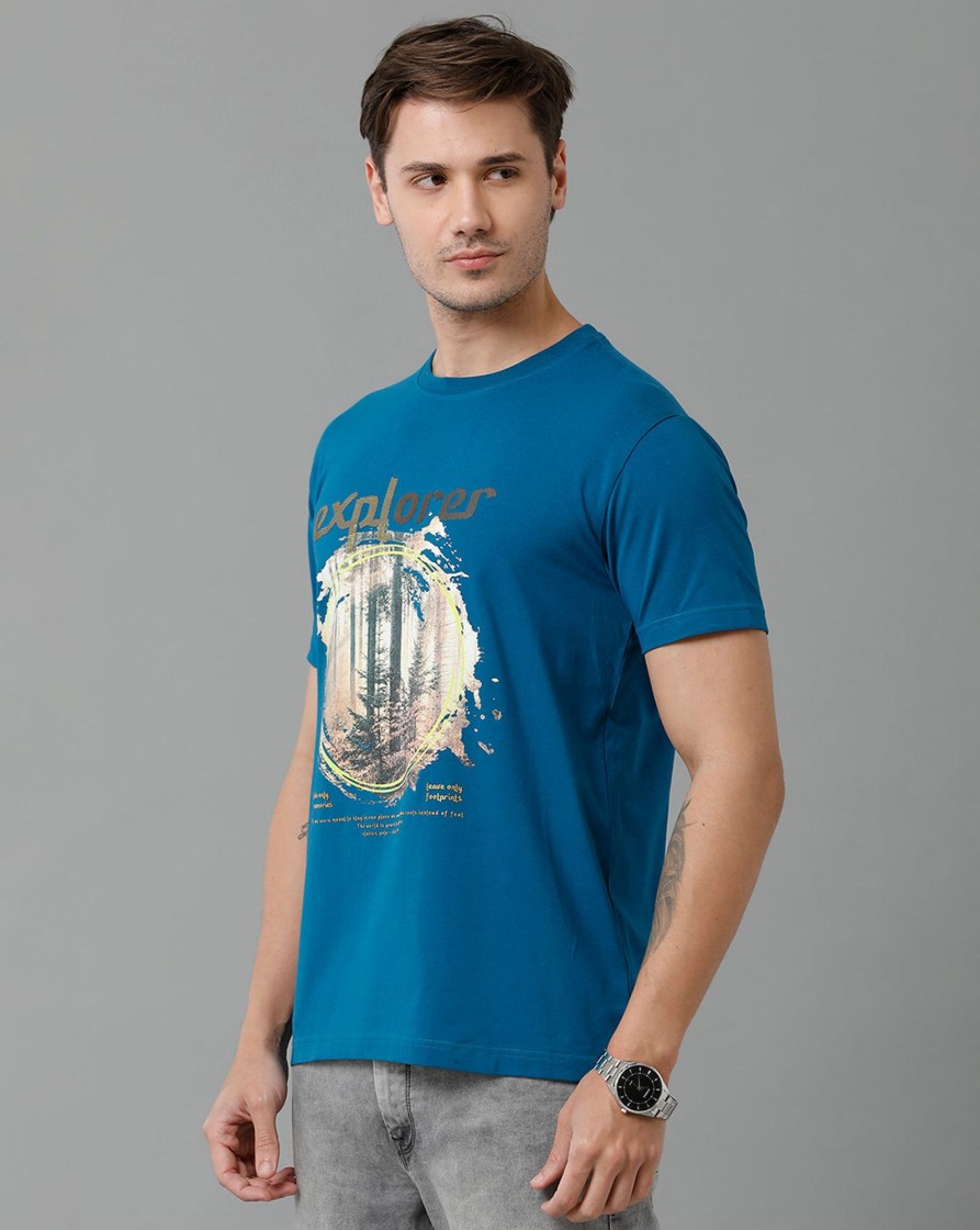 T-Shirts Classic Polo | Classic Polo Men'S Cotton Half Sleeve Printed Slim Fit Round Neck Blue Color T-Shirt | Baleno - 505 A