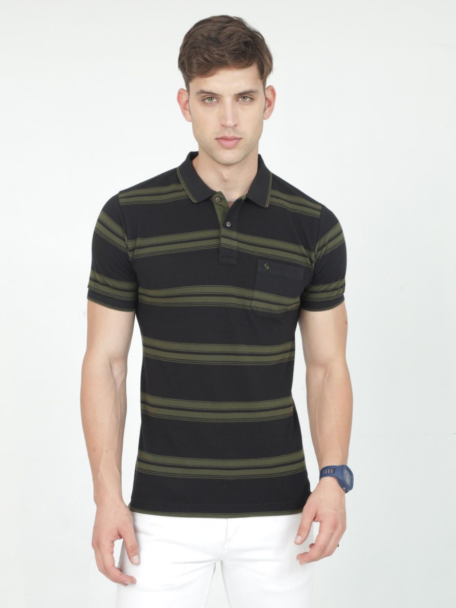 T-Shirts Classic Polo | Classic Polo Mens Casual Black/Olive Striped Cotton T-Shirt | F-Adore - 105 B Sf P