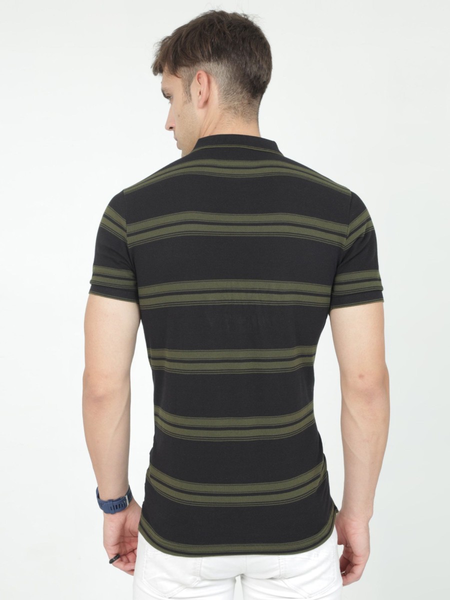 T-Shirts Classic Polo | Classic Polo Mens Casual Black/Olive Striped Cotton T-Shirt | F-Adore - 105 B Sf P