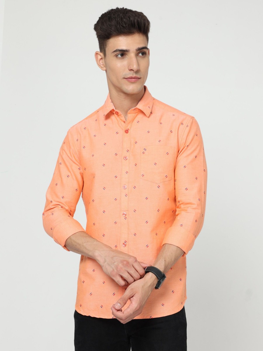 Shirts Classic Polo | Classic Polo Mens Cotton Full Sleeve Printed Slim Fit Polo Neck Orange Color Woven Shirt | So1-177 B-Fs-Prt