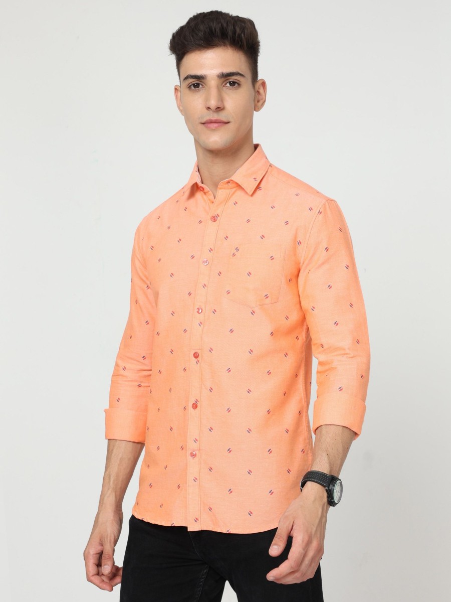 Shirts Classic Polo | Classic Polo Mens Cotton Full Sleeve Printed Slim Fit Polo Neck Orange Color Woven Shirt | So1-177 B-Fs-Prt