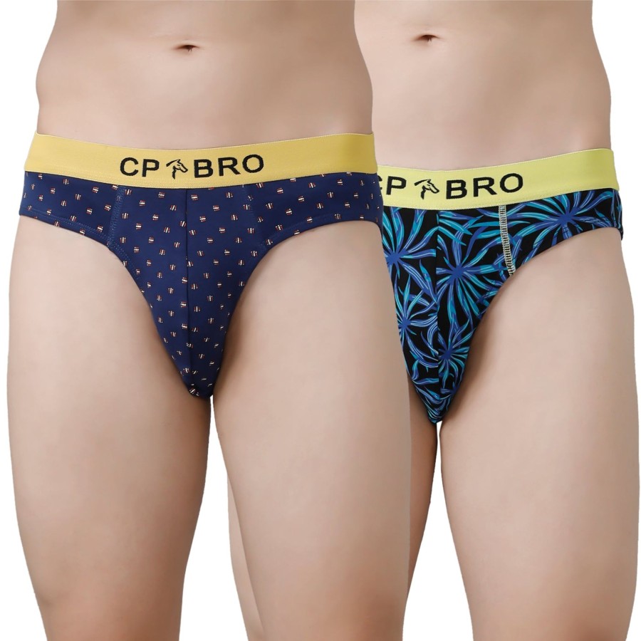 Innerwear CP BRO | Cp Bro Men'S Printed Briefs With Exposed Waistband Value Pack - Navy & Blue Leaf (Pack Of 2)