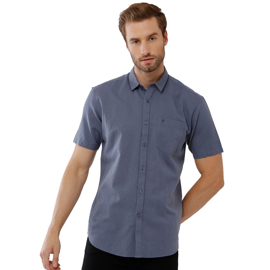 Shirts Classic Polo | Classic Polo Mens Solid Milano Fit Half Sleeve Grey Color Woven Shirt - Mica Grey Hs