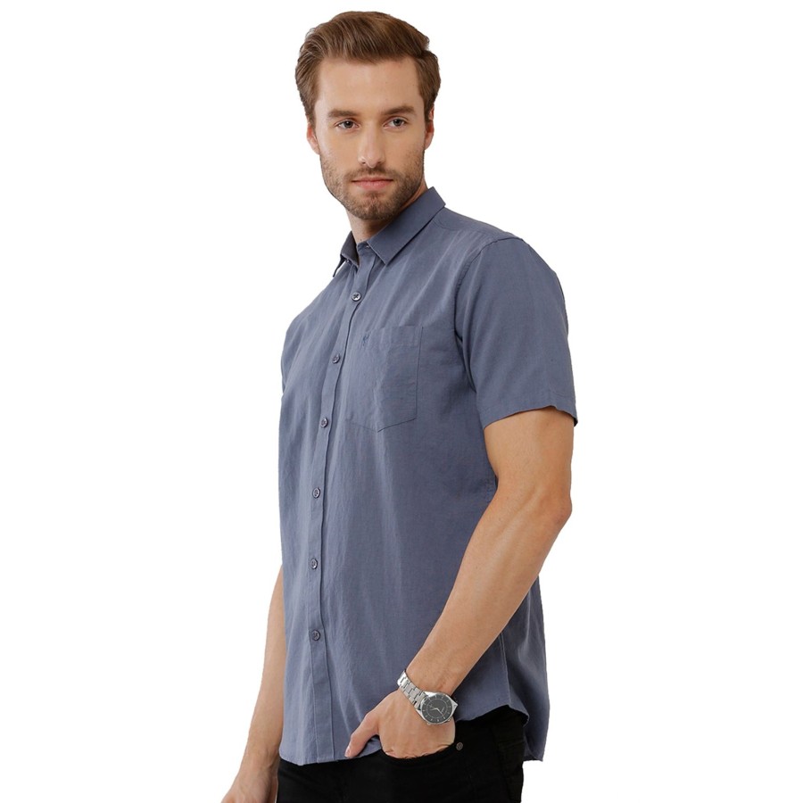 Shirts Classic Polo | Classic Polo Mens Solid Milano Fit Half Sleeve Grey Color Woven Shirt - Mica Grey Hs