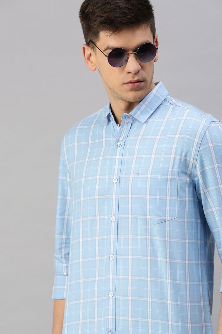 Shirts Classic Polo | Classic Polo Men'S Cotton Full Sleeve Checked Slim Fit Polo Neck Light Blue Color Woven Shirt | So1-95 B