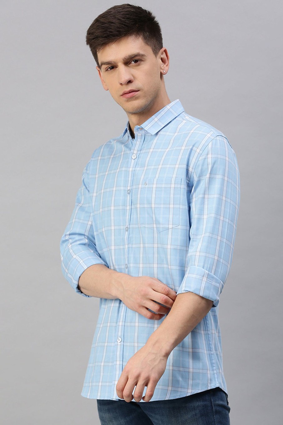 Shirts Classic Polo | Classic Polo Men'S Cotton Full Sleeve Checked Slim Fit Polo Neck Light Blue Color Woven Shirt | So1-95 B