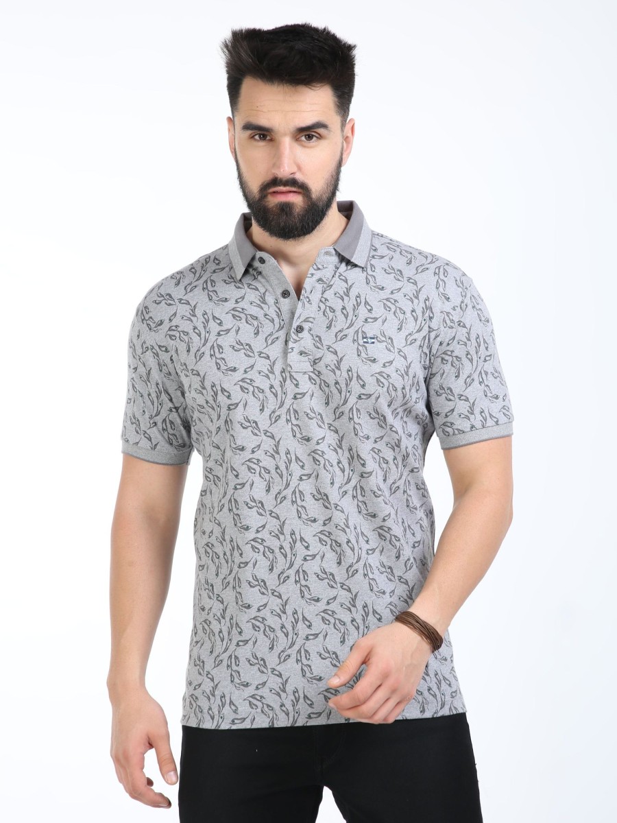 T-Shirts Classic Polo | Classic Polo Mens Cotton Half Sleeves Floral Slim Fit Polo Neck Grey Color T-Shirt | Prm - 792 B Sf P