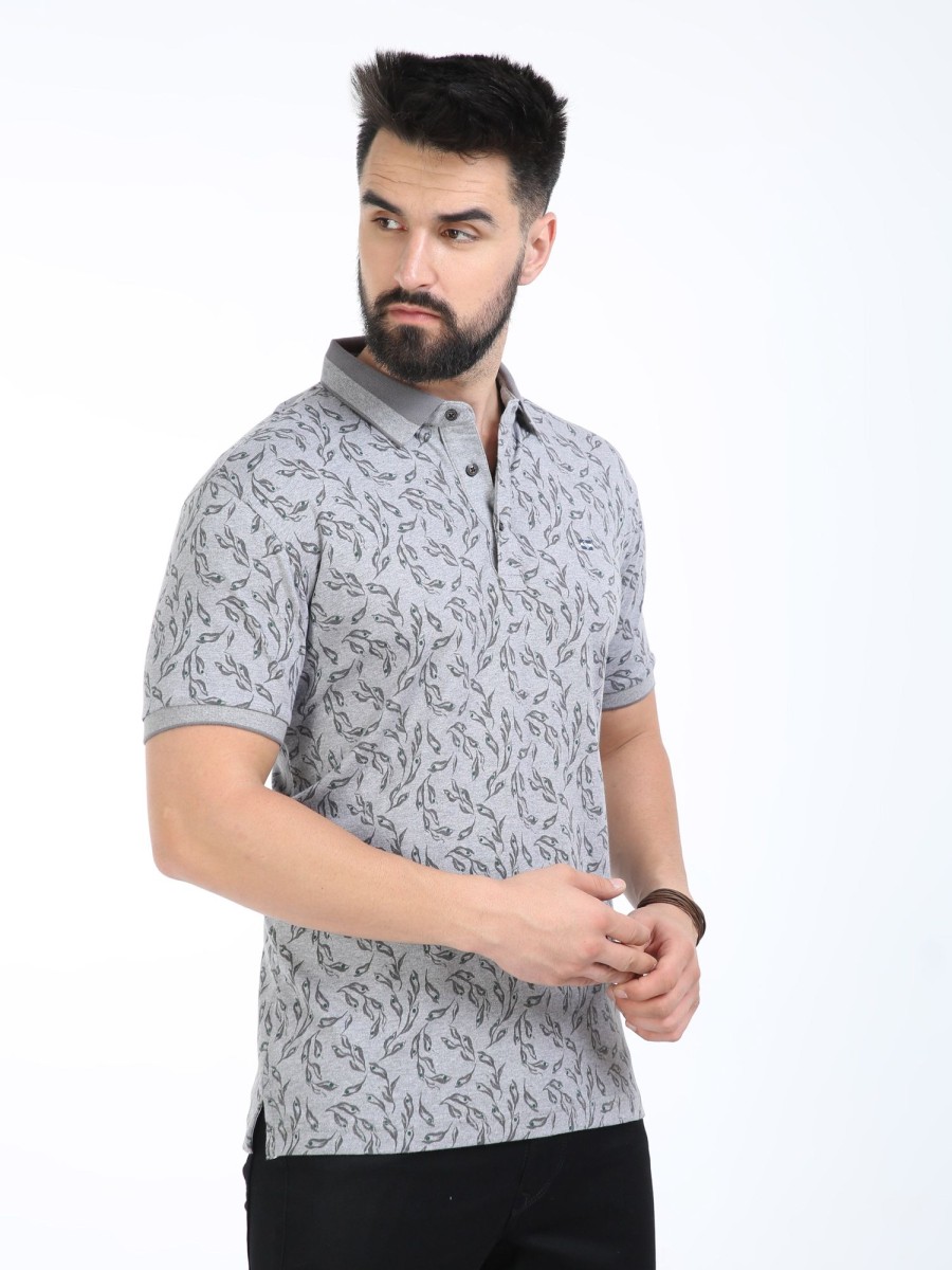 T-Shirts Classic Polo | Classic Polo Mens Cotton Half Sleeves Floral Slim Fit Polo Neck Grey Color T-Shirt | Prm - 792 B Sf P