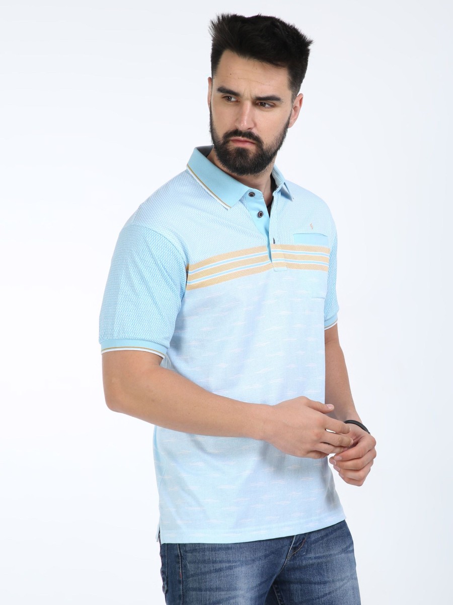 T-Shirts Classic Polo | Classic Polo Mens Pure Cotton Half Sleeves Striped Authentic Fit Polo Neck Aqua Blue Color T-Shirt | Carve Polo - 16 A Af P