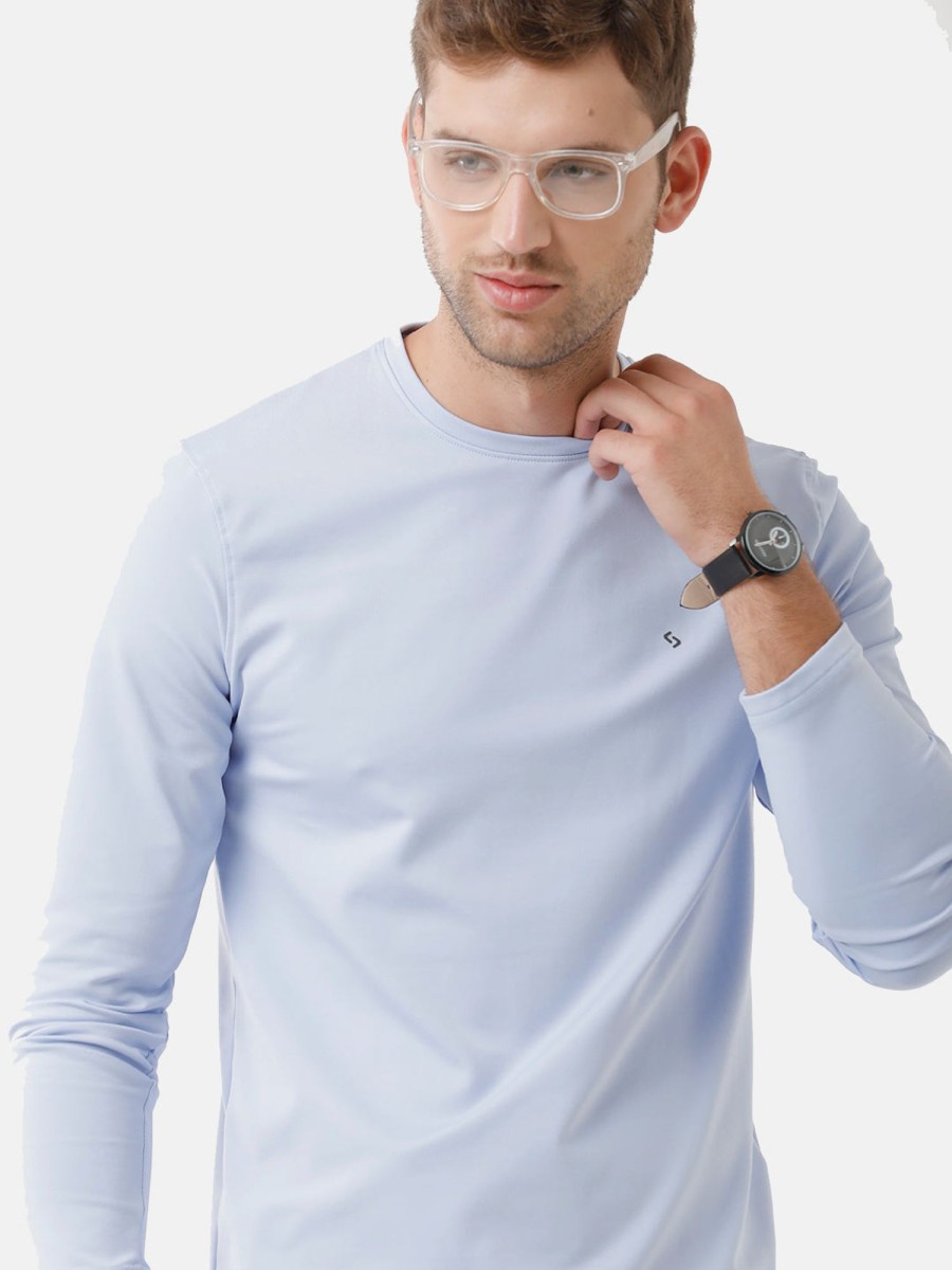 T-Shirts Classic Polo | Classic Polo Mens Cotton Solid Full Sleeve Slim Fit Round Neck Sky Blue Color T-Shirt | Verno 310 B