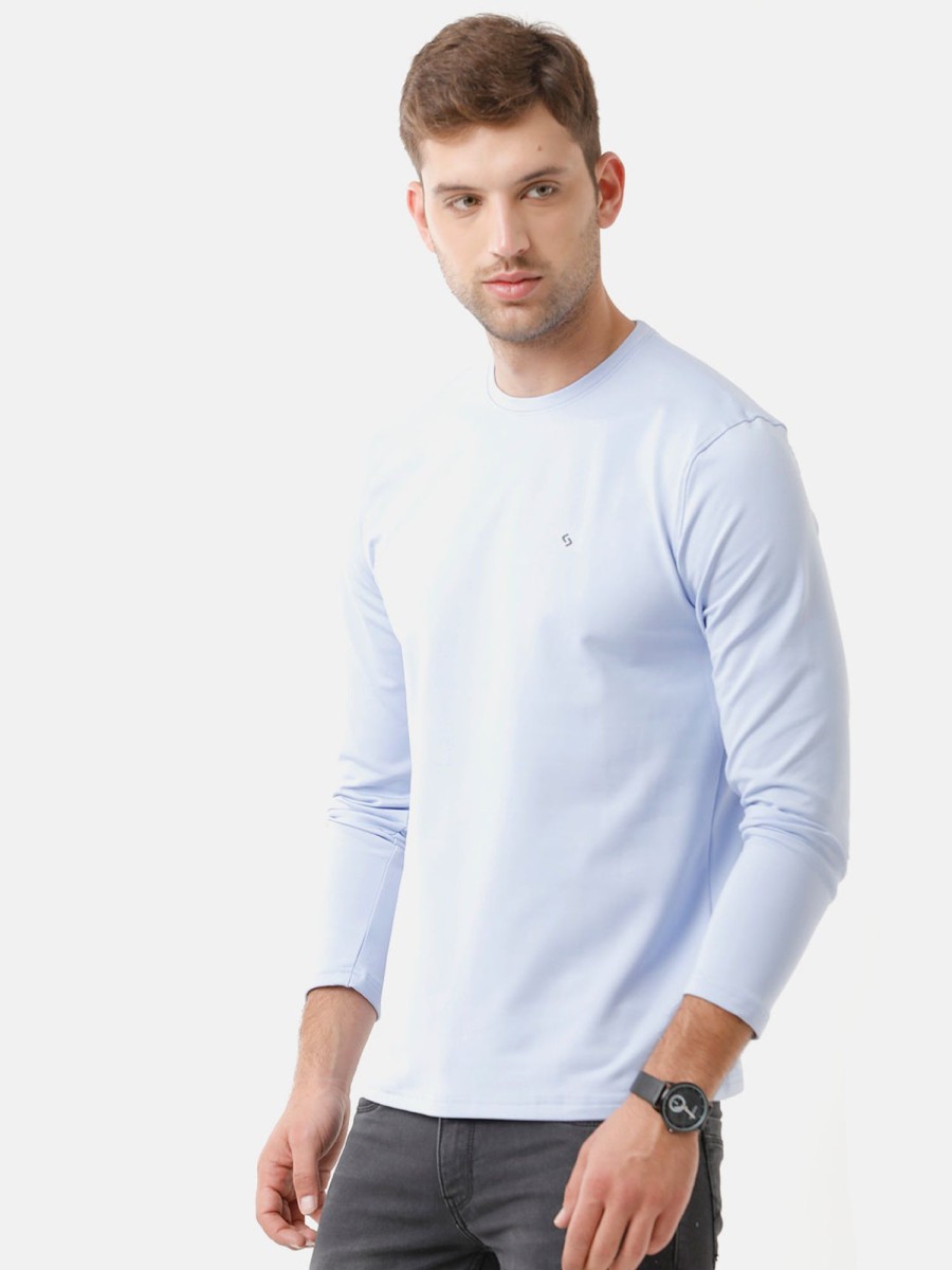 T-Shirts Classic Polo | Classic Polo Mens Cotton Solid Full Sleeve Slim Fit Round Neck Sky Blue Color T-Shirt | Verno 310 B