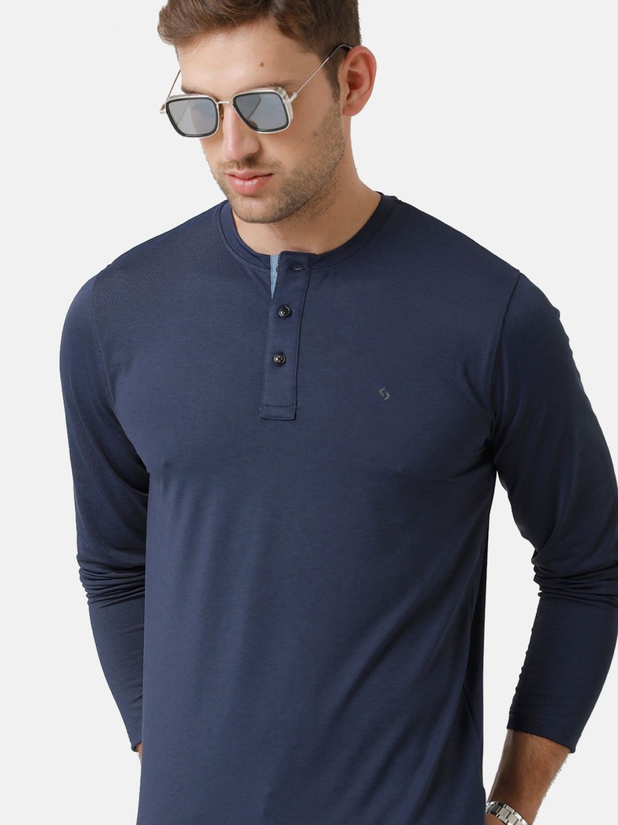 T-Shirts Classic Polo | Classic Polo Mens Cotton Solid Full Sleeve Slim Fit Y Neck Navy Blue Color T-Shirt | Verno 306 C