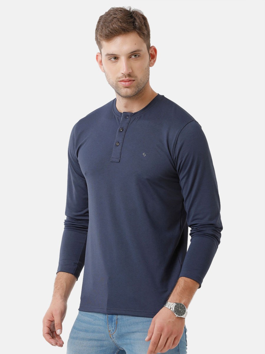 T-Shirts Classic Polo | Classic Polo Mens Cotton Solid Full Sleeve Slim Fit Y Neck Navy Blue Color T-Shirt | Verno 306 C